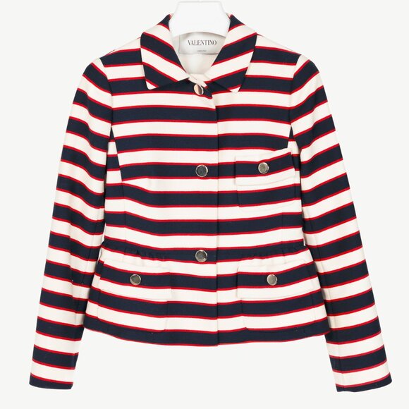 Valentino Resort 2014 White & Navy Striped Wool & Silk Peplum Jacket - Picture 1 of 11